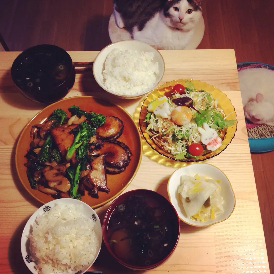 菜の花とアワビのソテー。カブのレモン漬け。岩のりお味噌汁。サラダ。|naouさん