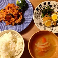 豚とナスのトマトソース煮、油揚げと卵の茶巾、アブラ菜とベーコンの炒め物、人参大根たまねぎの味噌汁|ようたさん