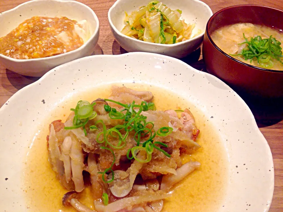 鶏肉のみぞれ煮と豆腐の煮やっこと白菜と桜海老のサラダ|あやかさん