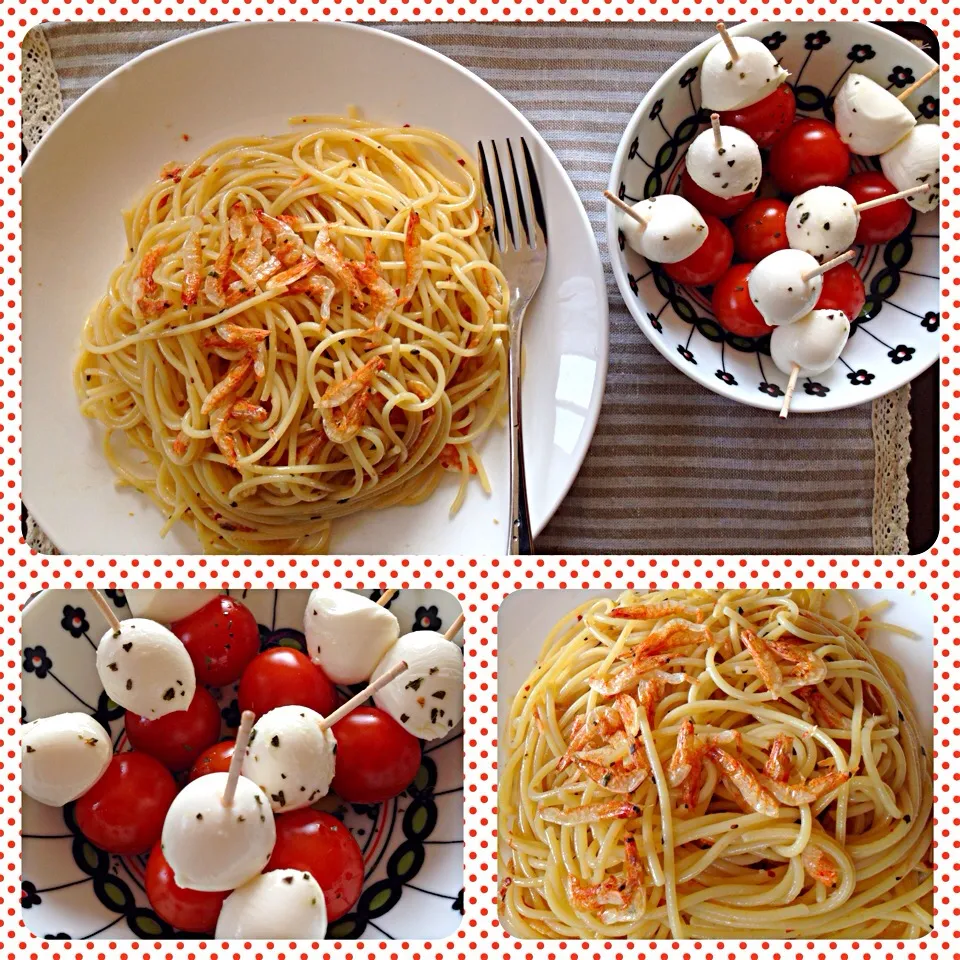 桜えび Spaghetti Aglio e Olio & Mini Tomato Mozzarella|YvoMiwaさん