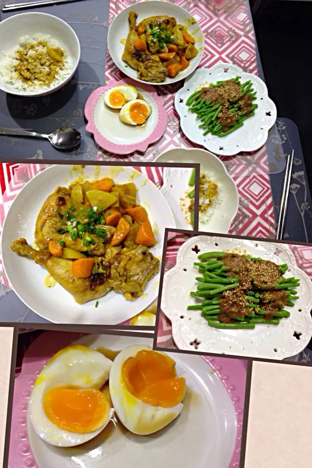 Snapdishの料理写真:Japanese chicken curry, soft boiled egg and french bean with home made sesame dressing|Yuwi PeiXuanさん