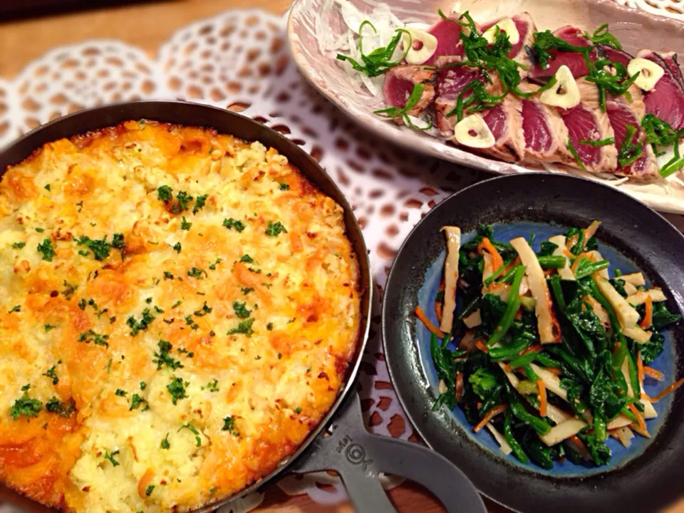 シェパーズパイ⭐️鰹のたたき⭐️ほうれん草とちくわの胡麻味噌和え|kazu★さん