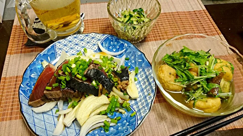 Snapdishの料理写真:きゅうりの酢の物＆鰹のたたき＆がんもどき|まぐろさん