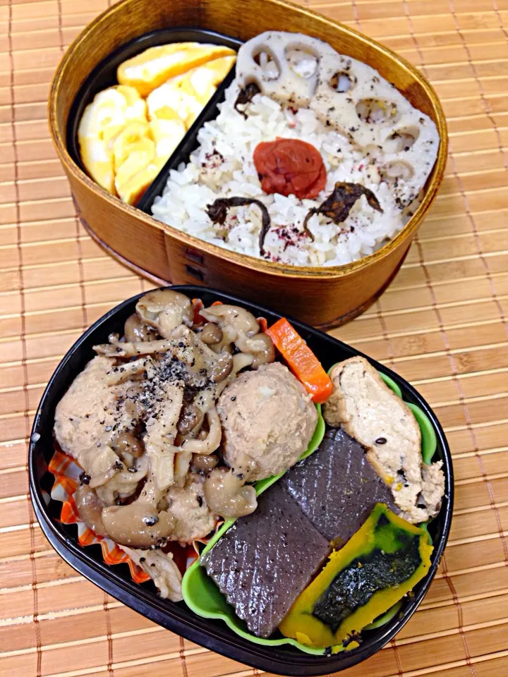 おから入り肉団子弁当。サイコロパンペン入り卵焼き。蒟蒻旨煮など。|きよさん