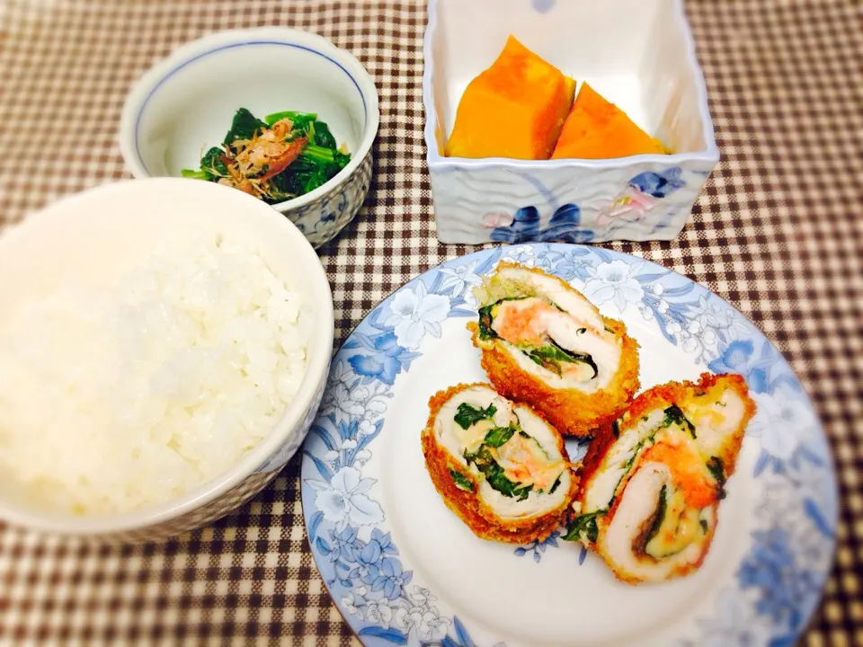 ササミ明太チーズフライ かぼちゃの煮付け ほうれん草のお浸し|ひとみんさん
