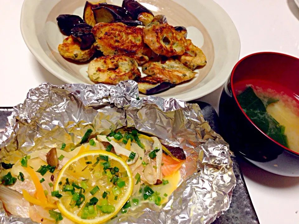 鮭のホイル焼き 茄子と磯辺揚げ|ママさん