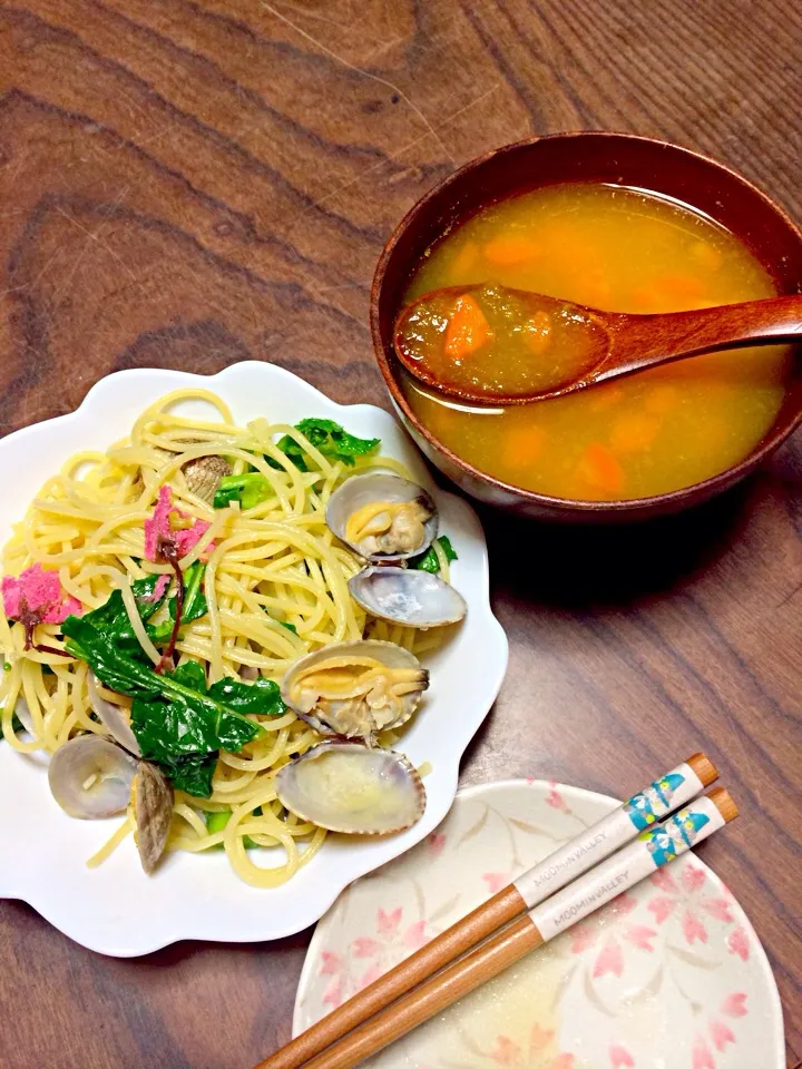 鹿ちゃんの菜の花パスタに人参スープ♪|ともこさん