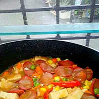 Snapdishの料理写真:Nameless spicy tofu meal with hotdogs and mixed vegetables cooked in hoisin and oyster sauces and peanut butter|Lutong Tambayさん