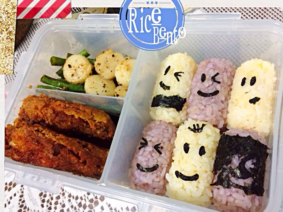 Bento with karage chicken, scallops, long beans and rice|prissyさん