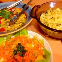 #oil sardine, veges, garlic& chilli penne #brussels sprouts& cauliflower gratin #carrot, radish& orange salad|Chika Ebiharaさん