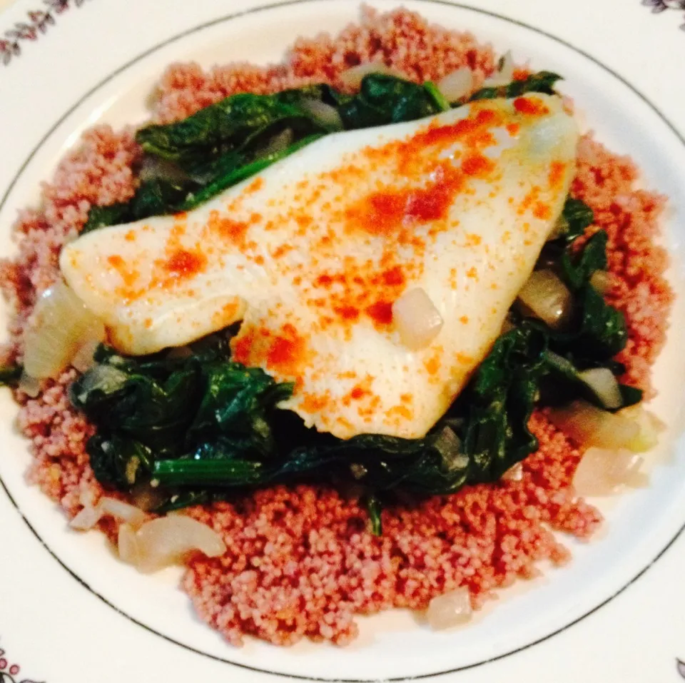 Flounder Fillets over Sautéed Spinach and Drunken Cous Cous|http://melissasmenu.wordpress.com/さん