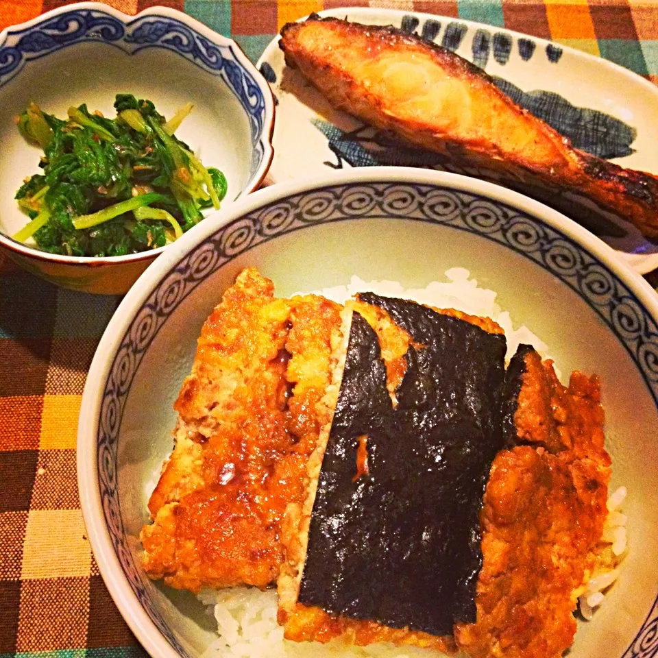 豆腐の蒲焼丼,鮭,つまみ菜のお浸し|りーぴんさん