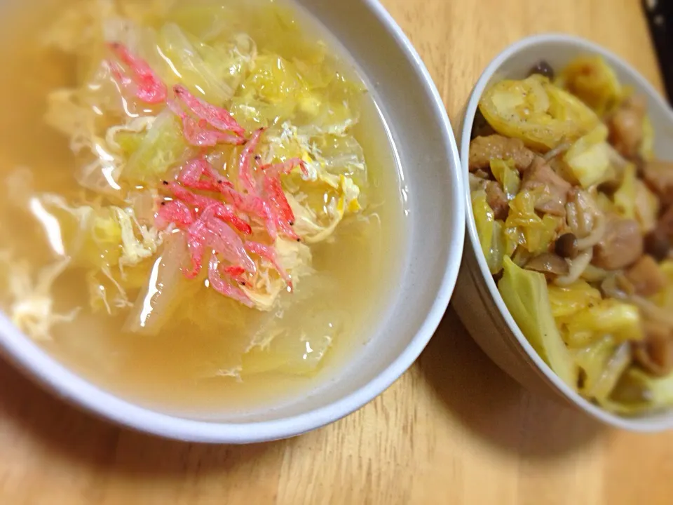 簡単鳥肉とキャベツののっけ丼、白菜の和風かき卵スープ|キラキラさん