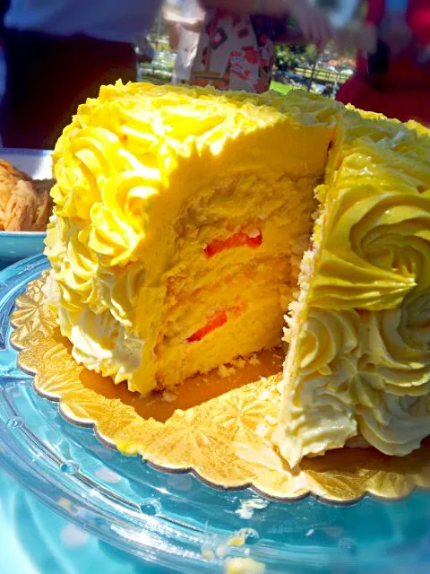 Strawberry-lemon curd layered hombre cake|Slinkyさん