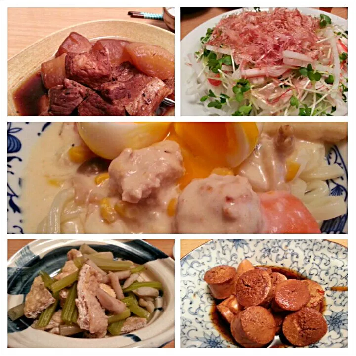 葉牛蒡の炊いたん。ブタバラ大根煮物。大根サラダ。昨日のシチューリメイク～カルボナーラ風うどん。|Kotoyo Moriさん