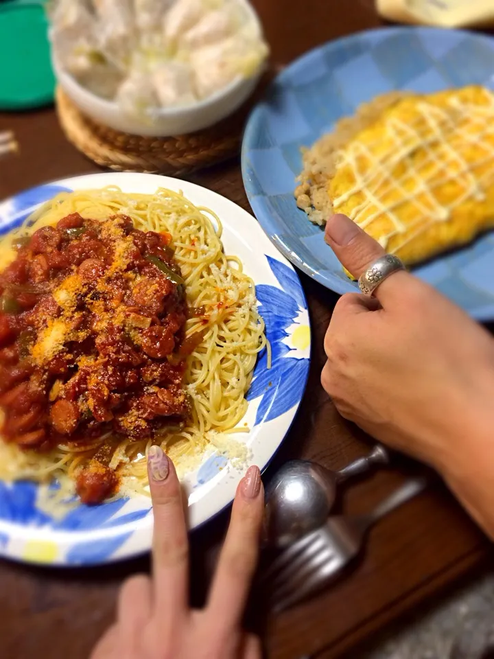 男のナポリタンとオムライスとササミくるくる焼き|まりなさん