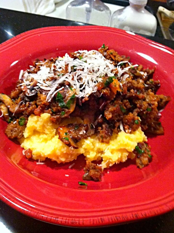 Mushroom and Sausage Ragu over Parmesan Polenta|K Goodnessさん