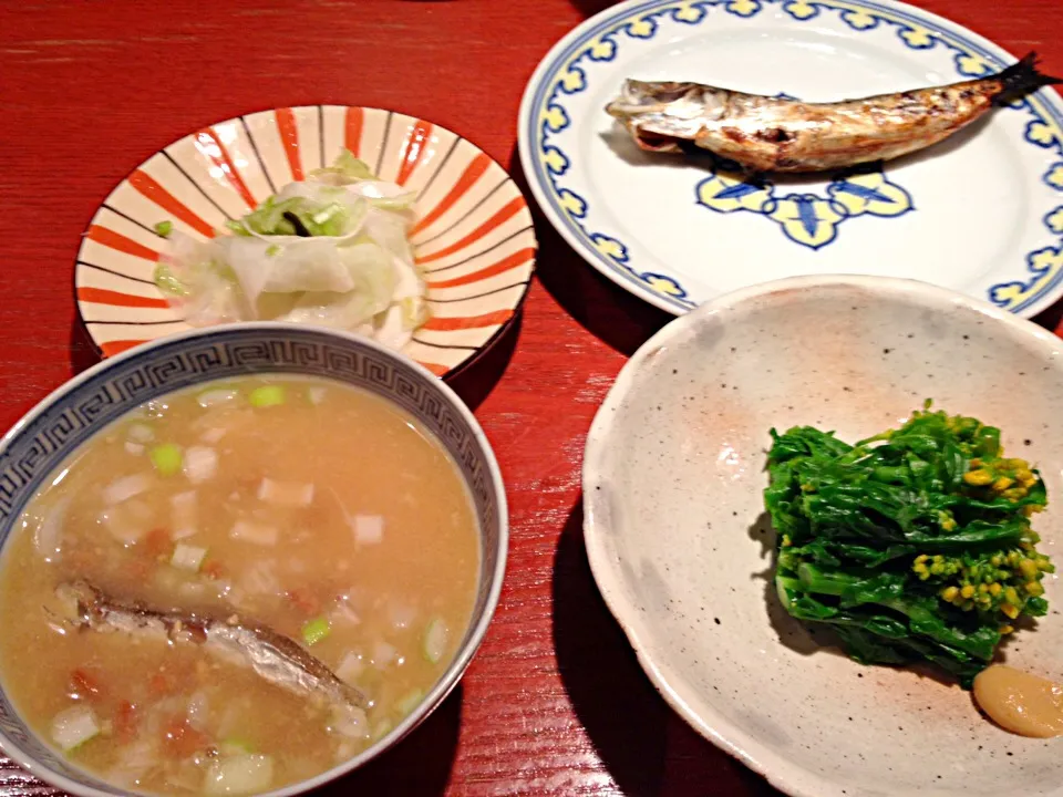 納豆雑炊 菜の花辛子和え 鰯丸干し 蕪浅漬|yukaさん