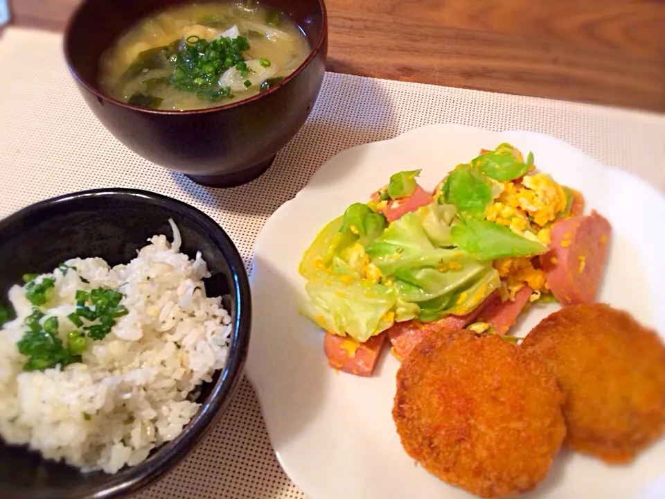 Snapdishの料理写真:しらすご飯＊ポークたまご＊キャベツメンチ|らぶさん