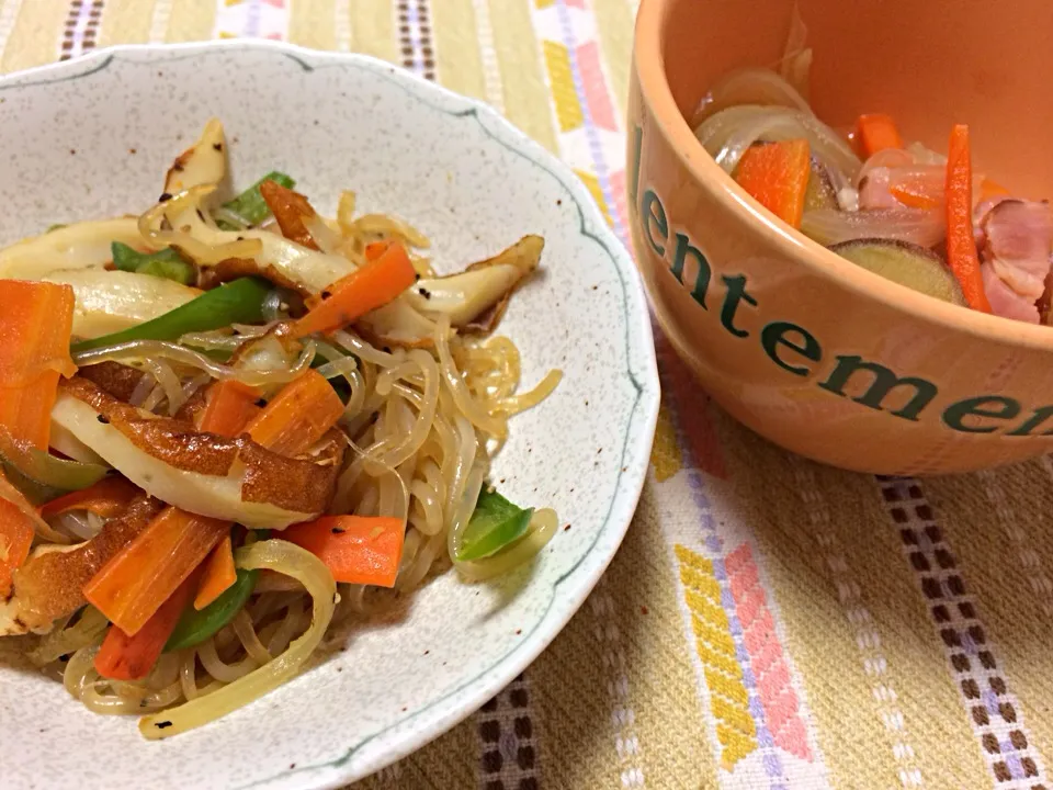 しらたきの炒め物、さつまいもスープ|ろぐしいさん