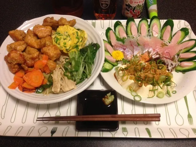 まぶして焼くだけ唐揚げ、エノキと水菜のバター焼き、卵焼き、メバルのお刺身、冷奴！✩⃛꒰⁎⁍̴◡⁍̴⁎ ॢ꒱✨|サソリさん