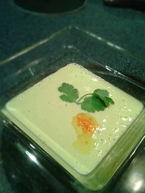 chilled Curried Avocado & Coconut Soup garnished w/ Tumeric Infused Coconut Oil & Cilantro leaf|Bryan S. Mooreさん