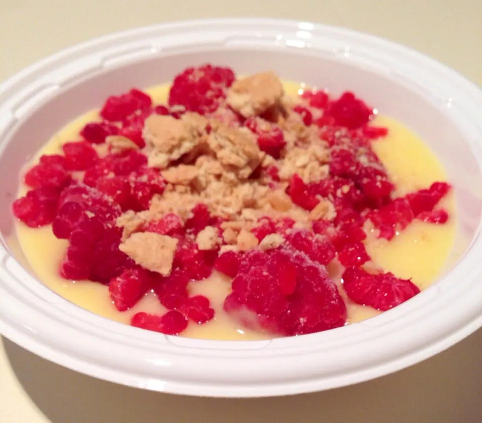 Vanilla pudding with fresh raspberries and graham cracker crust|bertocci infernoさん