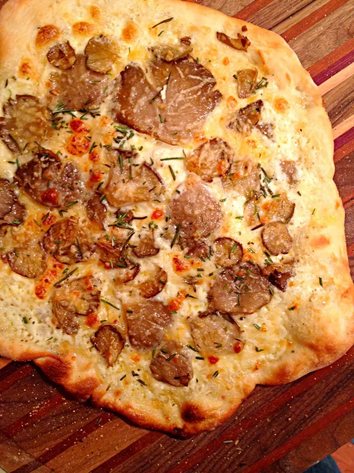 Pizza with bechamel and oyster mushrooms|Matthew Cashenさん