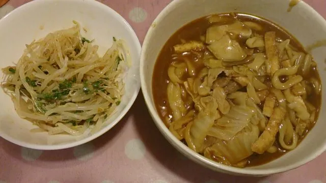 味噌煮込みうどん、もやしナムル|クラキティさん