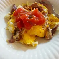 Snapdishの料理写真:Steak and eggs topped with cheddar cheese and salsa|Michelle Mylesさん