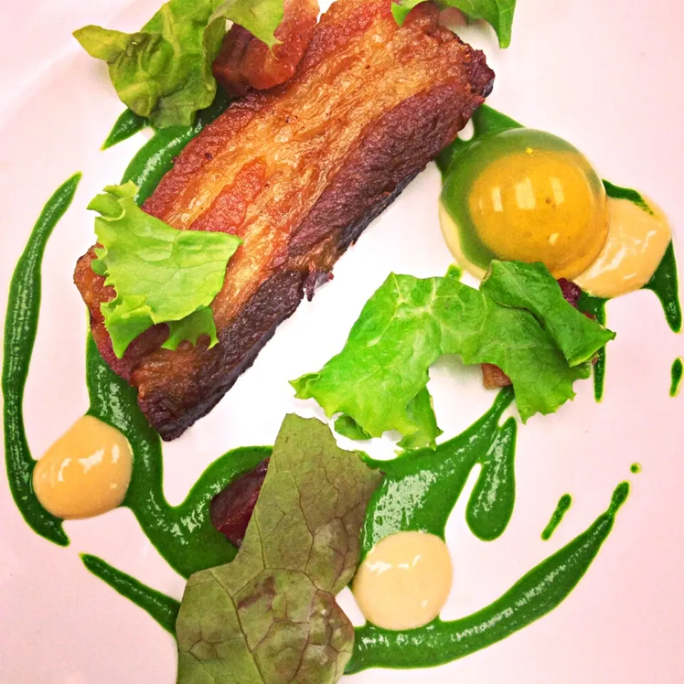 Pork belly, lettuce, caramelized soy milk, mustard ( in chicken aspic)|andrew franciscoさん