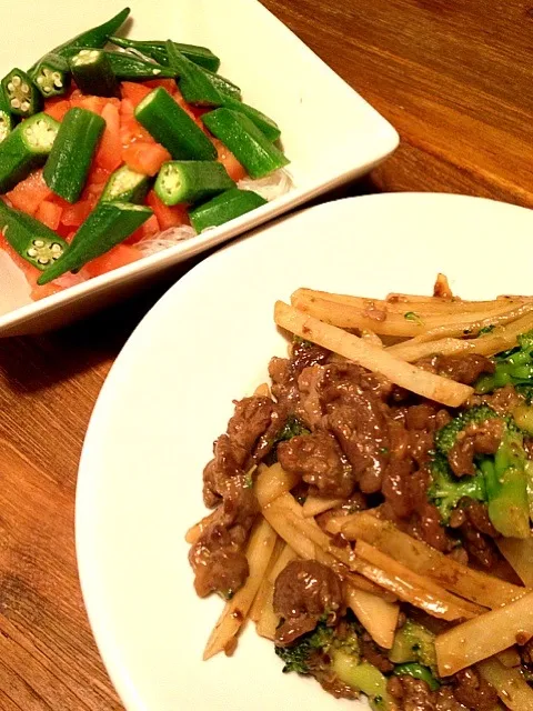 青椒肉絲の代用、新ジャガ牛肉。オクラトマト春雨のサラダ。|ayacoさん