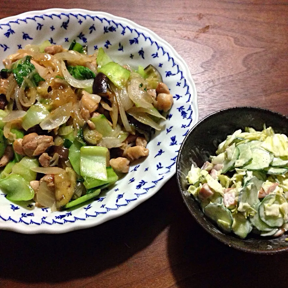 Snapdishの料理写真:チキンと青梗菜のオイスター炒め、キャベツとキュウリのコールスロー|今日の献立さん