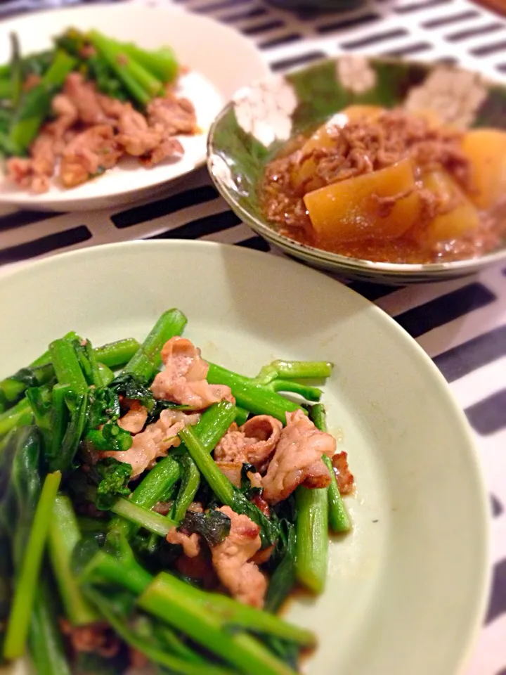 Snapdishの料理写真:アスパラ菜と豚肉の炒め物🍀かぶと挽肉のとろとろ煮|mochaさん