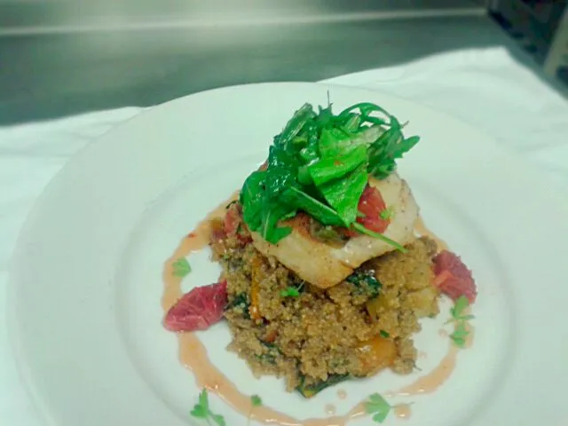 Blood Orange,Red WaterCress & Baby Kale Salad atop Pan Seared Cobia (type of fish) with an Artichoke & Sweet Pepper Quinoa Pilaf in a Blood Orange Gastrique|Bryan S. Mooreさん