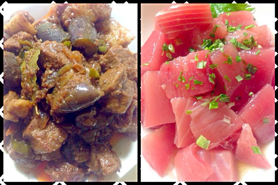 Snapdishの料理写真:Pork Binagoongang and Maguro no Sashimi|Einjheru Igamiさん