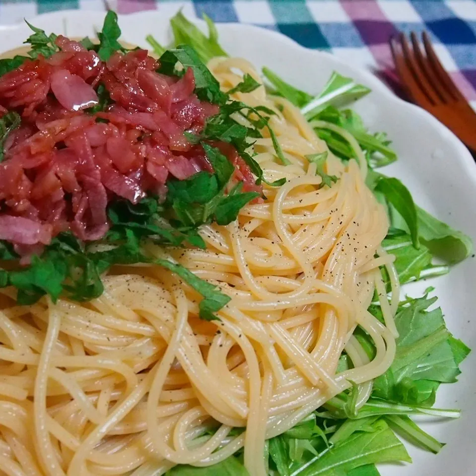 カリカリベーコンと水菜のスパゲティ|まよぽんさん