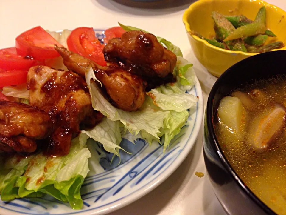 鳥肉の柚子味噌焼き ピリ辛ジャガイモ汁 アスパラの胡麻酢和え|香山ありすさん