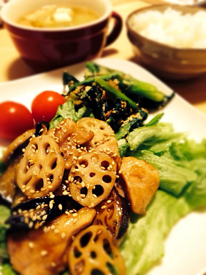 おかなさんの料理 レンコン、茄子、鶏肉の甘酢炒め^ ^|ゆきさん