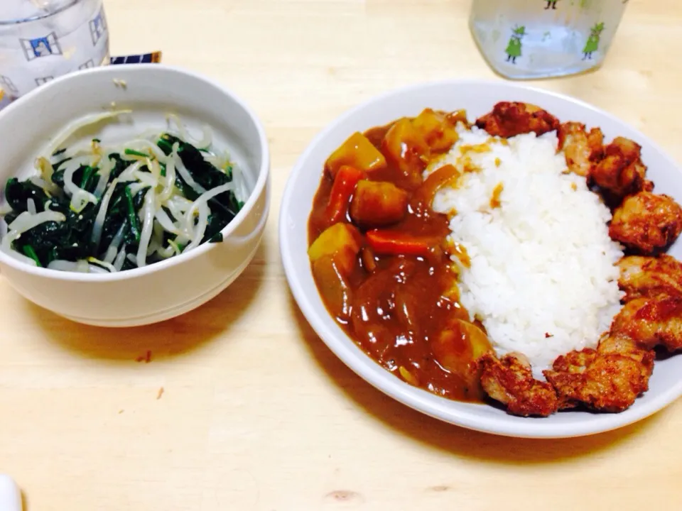 Snapdishの料理写真:からあげカレーとほうれん草ともやしのナムル|ちゃんくみさん