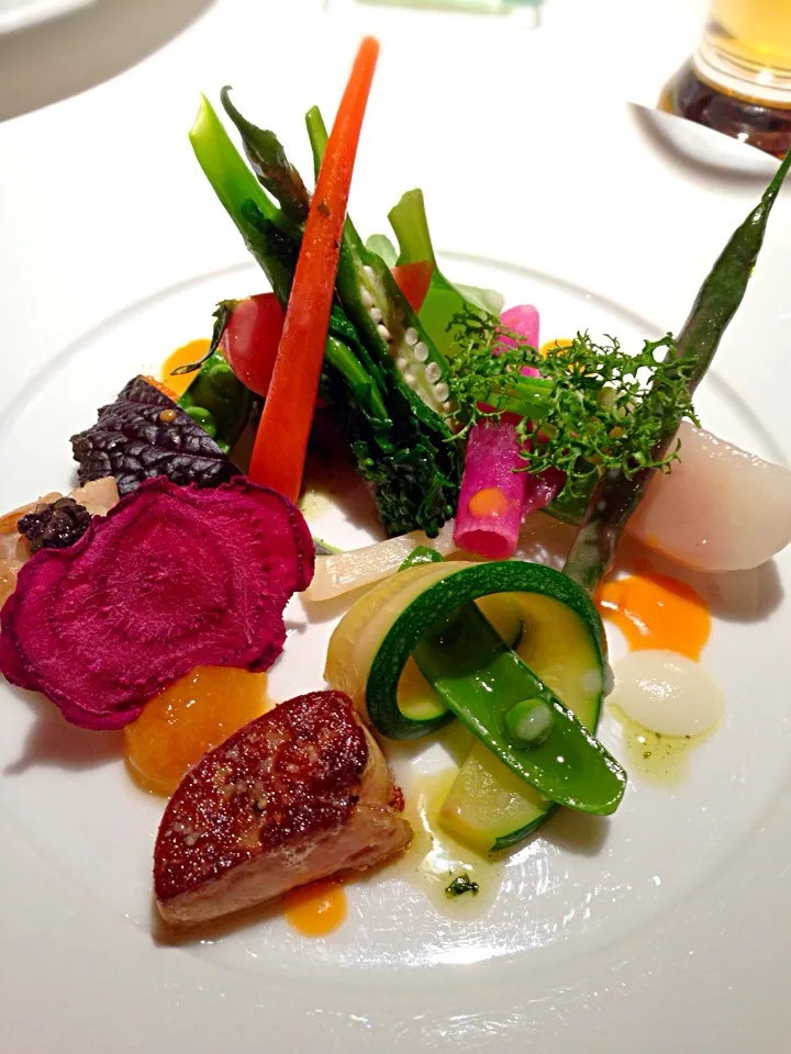 Snapdishの料理写真:Fois gras, veal pastry, anago and burdock root gelee with seasonal vegetables|Funky Chefさん