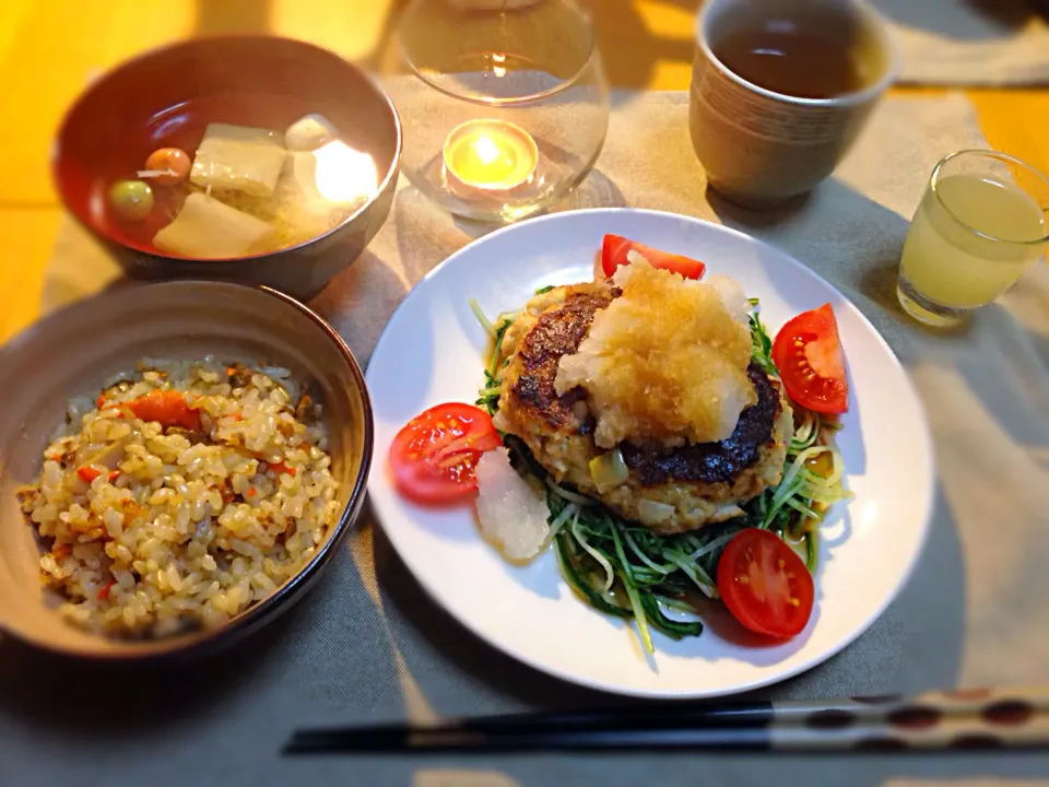 豆腐ハンバーグ、すまし汁、しじみご飯|キャサ畑さん