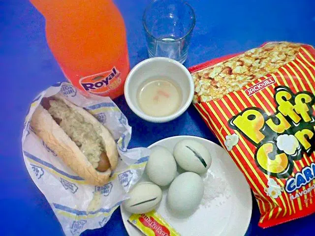 Pinoy Food: Snack Time: Cheese Dog , Popcorn, Balut and penoy or Duck egg, Orange Soda|Dan Alfred Garcia Madriagaさん