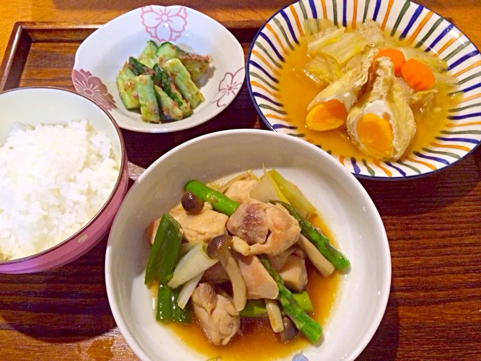 🌸鶏とアスパラの焼き浸し🌸卵茶巾の薄味煮🌸胡瓜の梅肉だれ|Iggywiggyさん