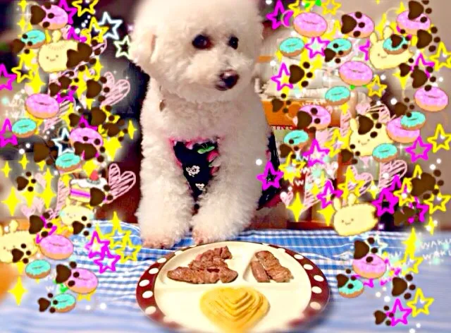 Snapdishの料理写真:誕生日🐶手作りケーキとステーキ🍖2014.03.06|ラパンママさん