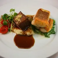 Main Course - Red Snapper & Chianti Braised Short Ribs W/ Roasted Artichokes,  Potato Puree and Wilted Pea Green,|Chef_RLさん