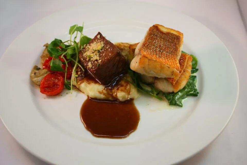 Main Course - Red Snapper & Chianti Braised Short Ribs W/ Roasted Artichokes,  Potato Puree and Wilted Pea Green,|Chef_RLさん