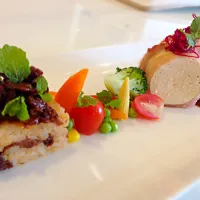 Chicken mousse wraped with bacon and risotto spicy clam|beltさん