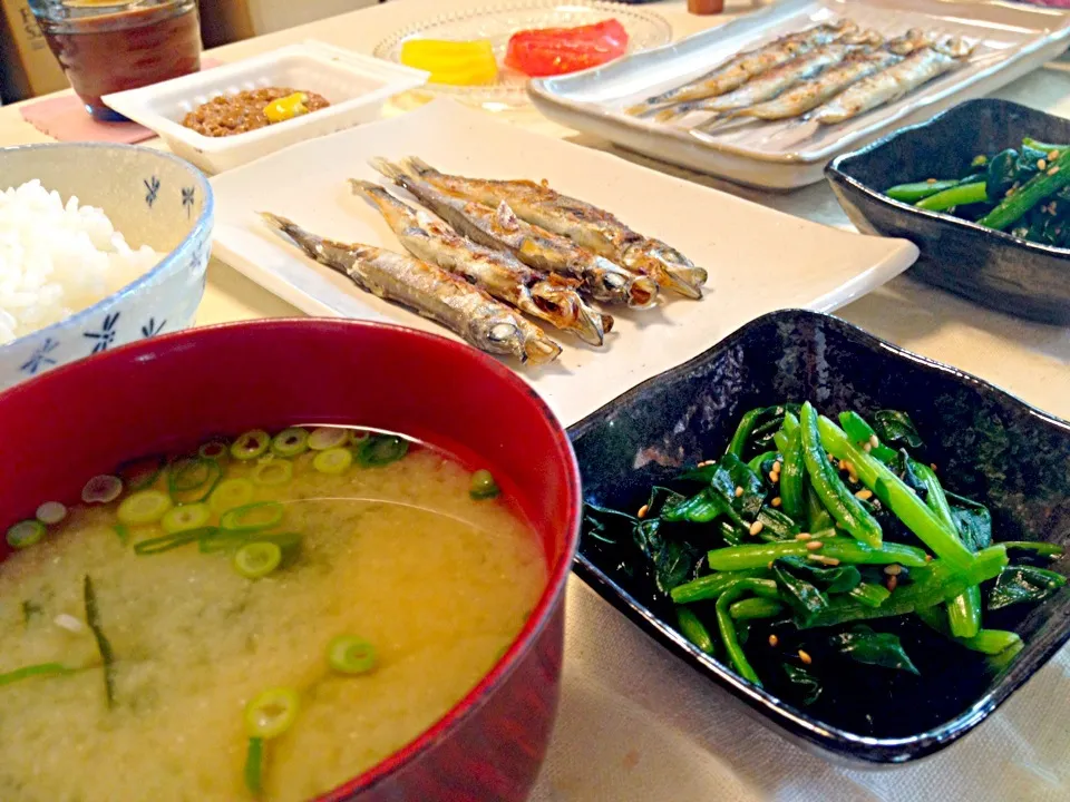 朝ご飯＊ししゃも・納豆・ほうれん草のおひたし・味噌汁|ひかるんさん