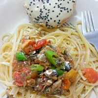 pasta in spanish sardines,green chille sauce|cynthia reyesさん